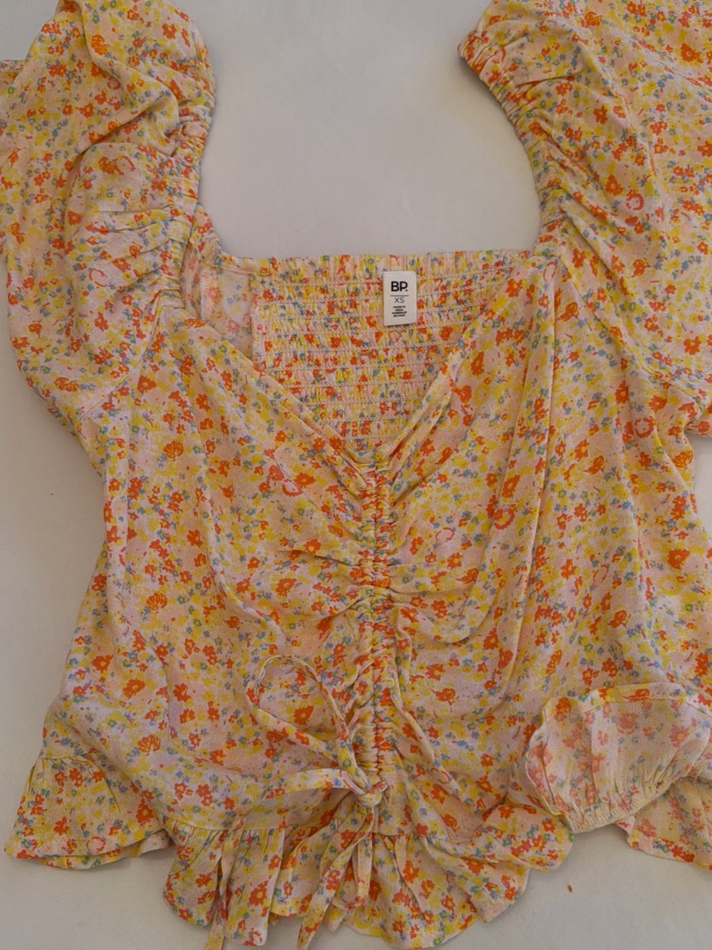 bp Yellow Floral Ruched Puff-Sleeve Blouse